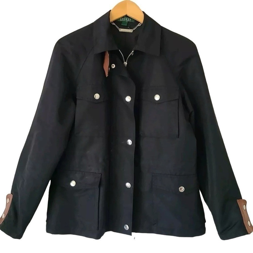 Lauren Ralph Lauren Petite Black Field Jacket Lamb Leather Trim Utility Coat P/P